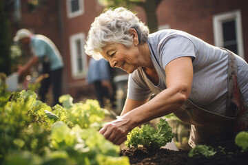 The elderly woman participating in a community gardening project, her sense of purpose and community shining through  - obrazy, fototapety, plakaty