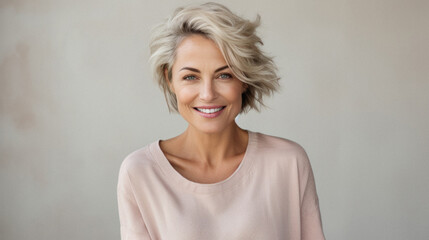 Mid aged adult confident smiling European woman with blonde short hair, happy healthy attractive 40 years old mature lady blond model looking at camera on pastel background, close up face portrait. - Powered by Adobe