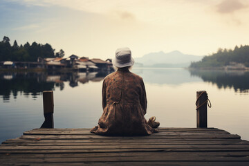 The elderly woman sitting on a dock, her gaze fixed on the horizon as she contemplates the beauty of life's journey  - obrazy, fototapety, plakaty