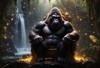 monkey king sitting on the throne, a king kong sitting on his throne,  king kong in the dark jungle - obrazy, fototapety, plakaty