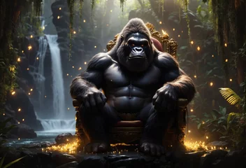 Fototapeten monkey king sitting on the throne, a king kong sitting on his throne,  king kong in the dark jungle © Monaza
