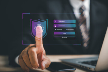 High-tech biometric fingerprint scanner for secure access control. Pointing finger on a digital screen, ensuring privacy and information safety. Step into the future of digital security.
