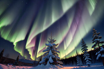 A beautiful aurora that appeared in the night sky over the snow-covered mountains and trees.  Generative ai.