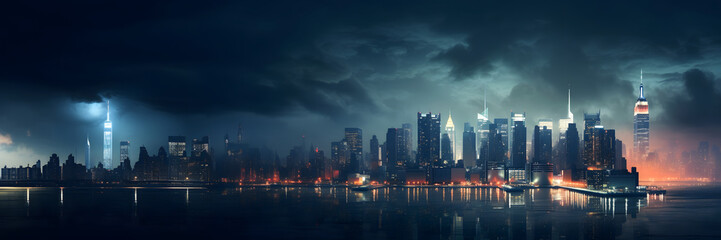 Fototapeta premium foggy night in new york city: glowing lights amidst the mist