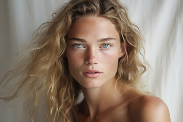 Naklejka premium Young adult Nordic woman, beautiful lady pretty Scandinavian model with curly hair and light green eyes, freckles looking at camera on background, close up face portrait. Skin care, natural beauty