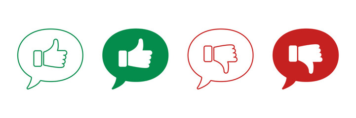 Thumb Up, Thumb Down Line and Silhouette Icon Set. Good and Bad Gestures in Speech Bubble Symbols. Like and Dislike Pictogram. Social Media Color Red and Green Sign. Isolated Vector Illustration