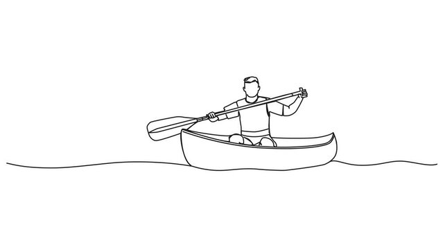 animated continuous single line drawing of man paddling in canoe on lake or river, canoeing line art animation