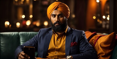 A man wearing a turban sitting on a couch