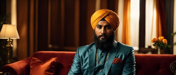 A man wearing a turban sitting on a red couch