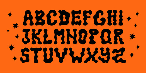 Halloween psychedelic alphabet with stars. Vector flat illustration. Floating groovy text © Felizabeth