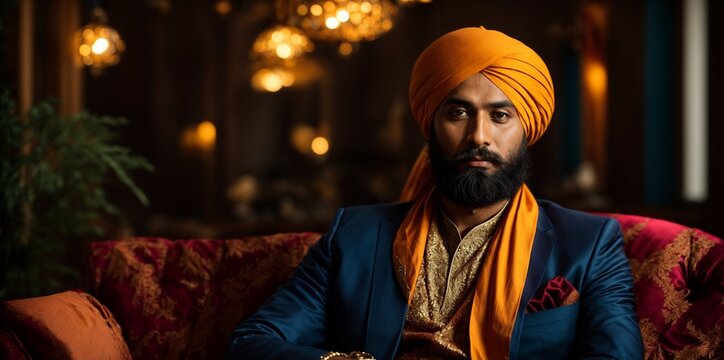 A man wearing a turban sitting on a couch - Powered by Adobe