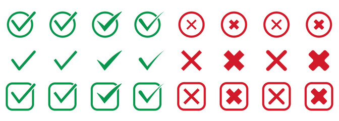 Check Mark, Tick and Cross Red and Green Silhouette Icon Set. Checkmark Pictogram. Right and Wrong, Reject and Accept Solid Sign. Correct and Incorrect Symbol Collection. Isolated Vector Illustration