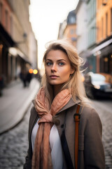 Obraz premium beautiful young woman in coat walking on street of old european city