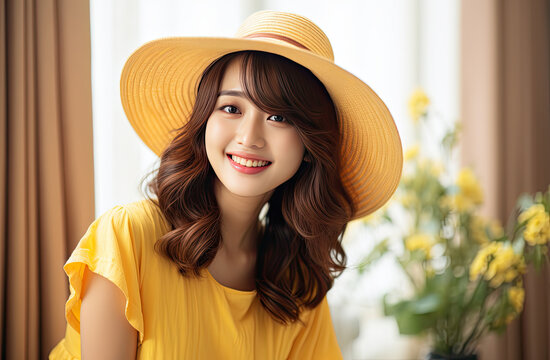 Ultra beauty girl smiling in a yellow hat at home. created by generative AI technology.