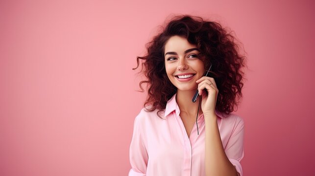 A beautiful girl smiles against the backdrop of a pink wall. AI generation