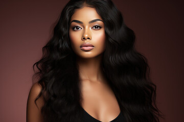 Beauty Fashion model. Black woman face & beautiful voluminous hair. Afro american girl. Beauty skin female face. .Healthy hair with luxurious Updo haircut. Waves, Curls volume Hairstyle. Hair Salon. - obrazy, fototapety, plakaty