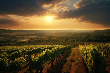 Fototapeta premium Vineyards and winery on sunset. France Vineyard Landscape. Bordeaux winemakers planning to uproot vineyards