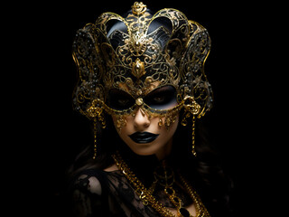 Fototapeta na wymiar Woman wearing a Venetian Carnival mask, also used in the Mardi Gras. Isolated on a black background. Concept of seduction and mystery.