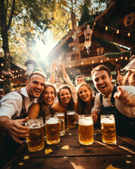 Friends at the Oktoberfest in Germany, toasting with big mugs of beer, looking happy. Shallow field of view.