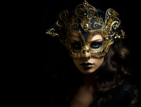 Woman wearing a Venetian Carnival mask, also used in the Mardi Gras. Isolated on a black background. Concept of seduction and mystery.