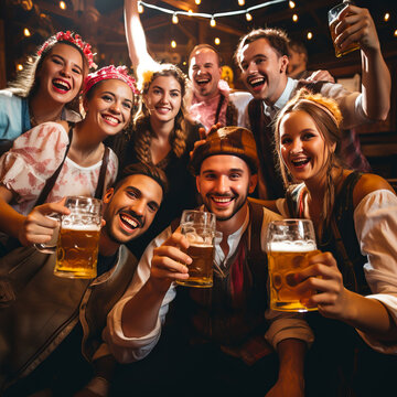Friends at the Oktoberfest in Germany, toasting with big mugs of beer, looking happy. Shallow field of view.