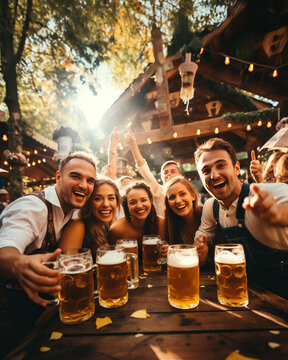 Friends at the Oktoberfest in Germany, toasting with big mugs of beer, looking happy. Shallow field of view.