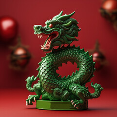 Fototapeta premium Decorative ceramic figurine of a terrible eastern green dragon on a new year background