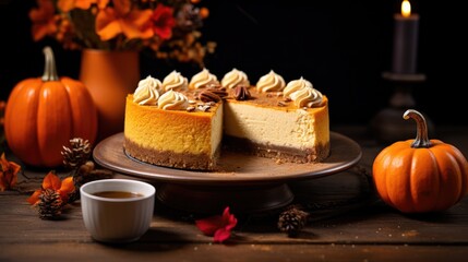 Pumpkin cheesecake with a slice cut out surrounded by autumn decorations with a Halloween theme
