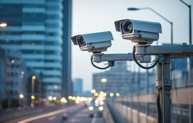 Close up of two surveillance cameras monitoring traffic on busy city street