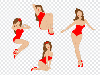 Beautiful sexy erotic girls in red outfits and high heeled shoes. Set of isolated vector illustrations on a transparent background