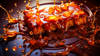 Piece of cake covered in caramel sauce on plate.