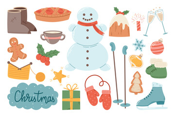 Set of cartoon vector winter flat stickers. Christmas sweets, decorations and accessories.