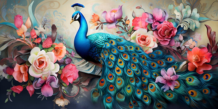 Fototapeta A painting of a peacock with flowers on it and beautiful wall paper, Elegant peacock displayed its colorful feathers Generative AI