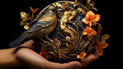 Close up of person holding decorative object with bird on it.