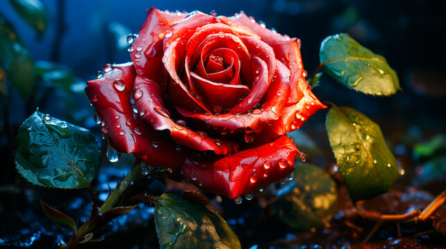 Close up of red rose with drops of water on it.