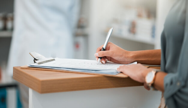 Hands of woman at pharmacy, clipboard and medical insurance information at counter for script medicine. Prescription, writing and patient at pharmacist with application form for pharmaceutical drugs.