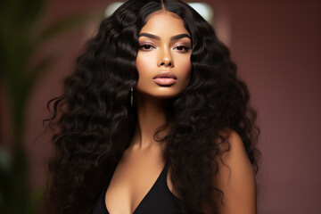 Beauty Fashion model. Black woman face & beautiful voluminous hair. Afro american girl. Beauty skin female face. .Healthy hair with luxurious Updo haircut. Waves, Curls volume Hairstyle. Hair Salon.