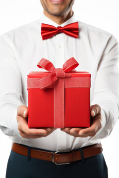 Smartly dressed man in a white shirt, red bowtie, and pants holds a vibrant red gift box adorned with a shimmering red ribbon in his hands