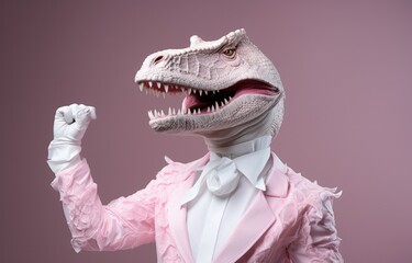 A vibrant pink dinosaur garment wraps around a daring person, accentuating their fierce features as its fangs and jaw line create an intimidating silhouette