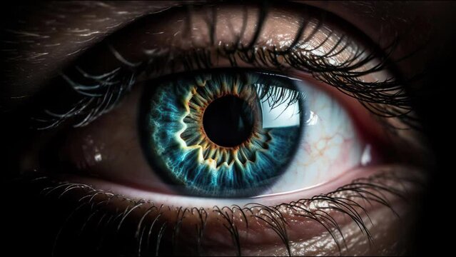 A close-up video capturing the intricate details of a blue iris. As the video progresses, there is a surprising moment where the pupil dramatically and suddenly enlarges