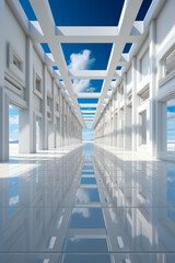 Long hallway with sky and clouds reflected in the floor.