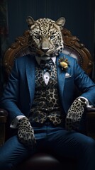A sleek and stylish leopard in a tailored suit sits confidently in a chair, evoking a sense of power and wildness in the indoor space