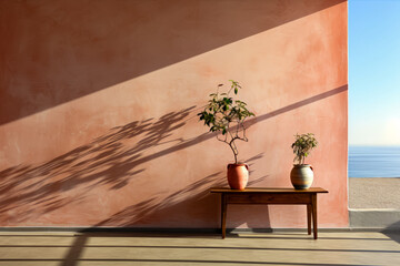 Two potted plants sitting on table in front of pink wall.