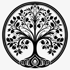 Black and white vector illustration of a decorative ornamental ornamental tree