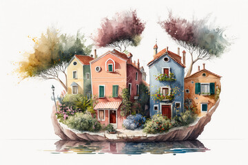 Fairy Town, Watercolor. Burano Island, Venice, Italy. Fairy Tale Island City with Old Colorful Houses in Sea Lagoon on a White Background