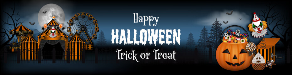 halloween banner with amusement park, circus and pumpkin bucket with sweets © Angelica