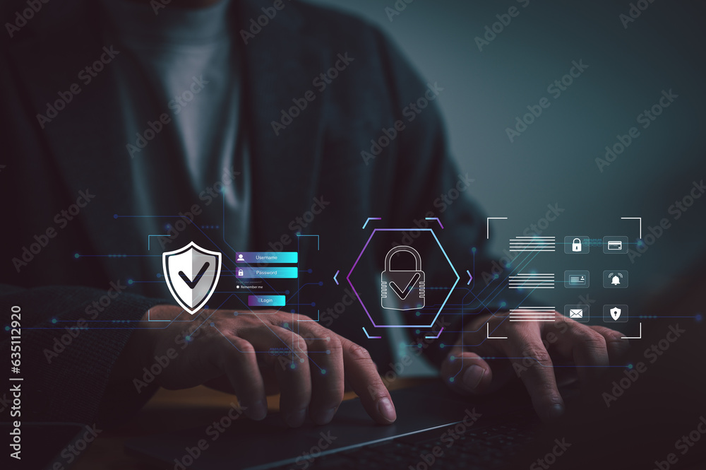 Aufkleber Cybersecurity and privacy-sensitive data. Business leaders using internet network security technology. Businessman showing locking down personal data on hand, cybersecurity concept.