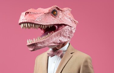 Naklejka premium A mysterious figure in a tyrannosaurus fang-toothed mask stands with a fierce jawline, ready to unleash an untamed wildness upon the world