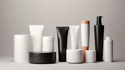 Set of cosmetic products mock-up. Black and white Cosmetic bottle mock up. Set isolated packages on gray background.