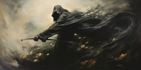 Death in black cloak. Death in black clothes with black hood. Grim reaper in the fog. Mysterious silhouette of man in black cloak with scythe. Halloween concept. Scary ghost. Death costume. Vector art - obrazy, fototapety, plakaty